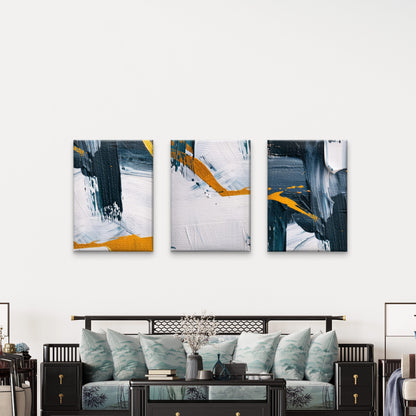 3pcs Navy Blue Gold White Abstract Brush Stroke Wall Art Set Canvas Framed 40x60cm - High Quality Print 100% Australian Made Wall Canvas Ready to Hang
