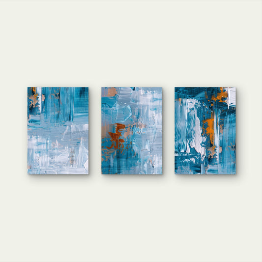 3pcs Sea Teal Light Blue Copper Gold Leaf Print Wall Art Set Canvas Framed 50x70cm - High Quality Print 100% Australian Made Wall Canvas Ready to Hang