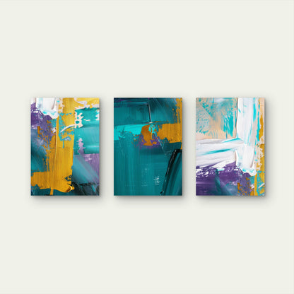 3pcs Teal Purple White Gold Stroke Abstract Wall Art Set Canvas Framed 40x60cm - High Quality Print 100% Australian Made Wall Canvas Ready to Hang