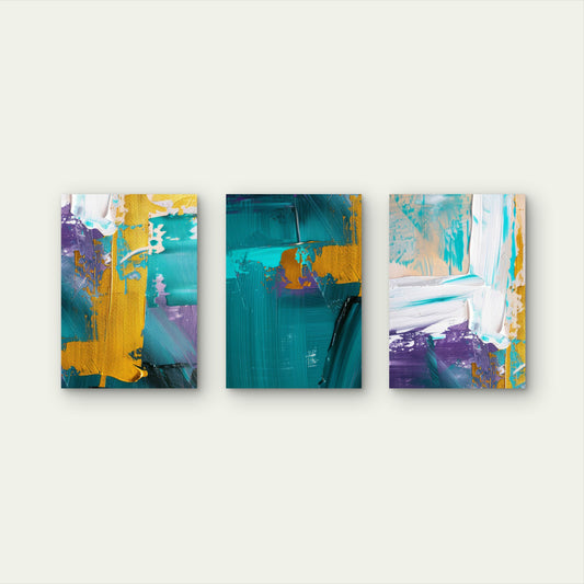 3pcs Teal Purple White Gold Stroke Abstract Wall Art Set Canvas Framed 50x70cm - High Quality Print 100% Australian Made Wall Canvas Ready to Hang