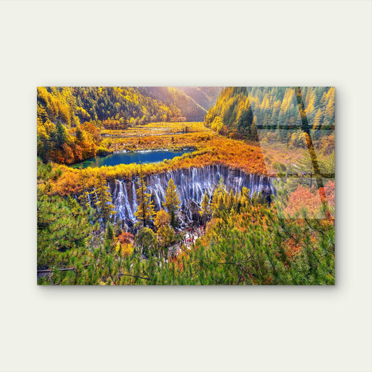Jiuzhaigou National Park China Nuorilang Waterfall Autumn Forest Nature Acrylic Glass Printing Wall Art Australian Made Quality