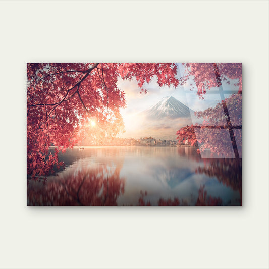 Mount Fuji Japan Lake Kawaguchi Autumn Red Maple Leaves Momiji Landscape Acrylic Glass Printing Wall Art Australian Made Quality
