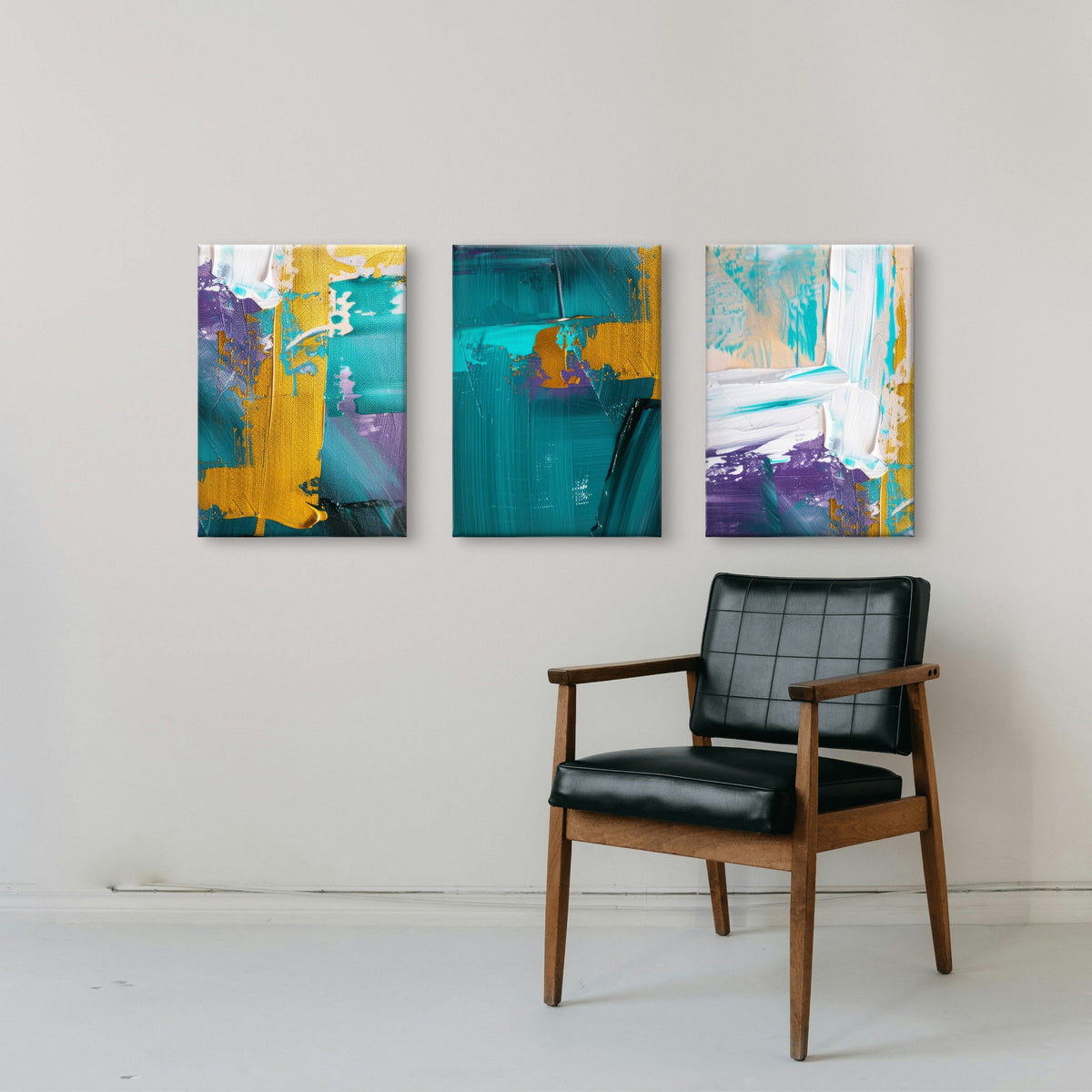 3pcs Teal Purple White Gold Stroke Abstract Wall Art Set Canvas Framed 50x70cm - High Quality Print 100% Australian Made Wall Canvas Ready to Hang