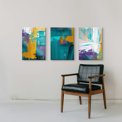 3pcs Teal Purple White Gold Stroke Abstract Wall Art Set Canvas Framed 50x70cm - High Quality Print 100% Australian Made Wall Canvas Ready to Hang