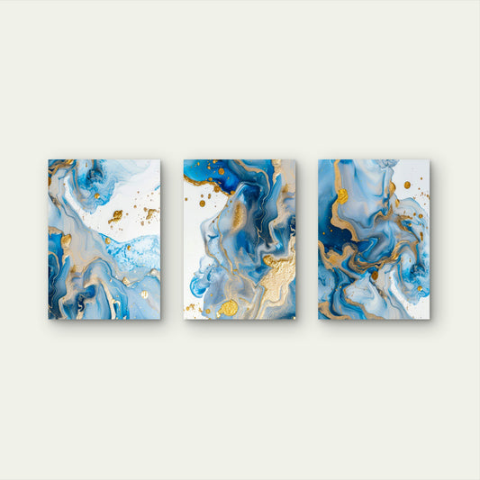 3pcs Navy Blue and Gold Abstract Fluid Ink Wall Art Set Canvas Framed 40x60cm - High Quality Print 100% Australian Made Wall Canvas Ready to Hang