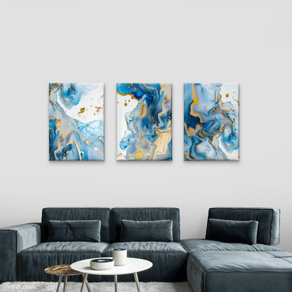 3pcs Navy Blue and Gold Abstract Fluid Ink Wall Art Set Canvas Framed 60x90cm - High Quality Print 100% Australian Made Wall Canvas Ready to Hang