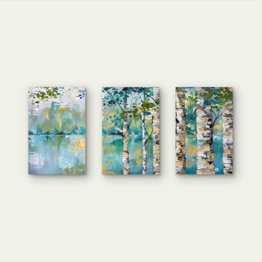 3pcs Abstract Birch Tree Forest Teal & Green Wall Art Set Canvas Framed 60x90cm - High Quality Print 100% Australian Made Wall Canvas Ready to Hang