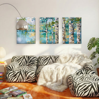 3pcs Abstract Birch Tree Forest Teal & Green Wall Art Set Canvas Framed 50x70cm - High Quality Print 100% Australian Made Wall Canvas Ready to Hang