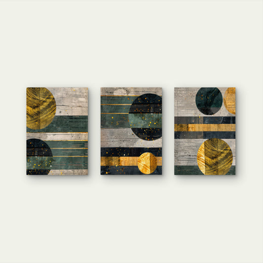 3pcs Geometric Gold Deep Green Abstract Circles Wall Art Set Canvas Framed 60x90cm - High Quality Print 100% Australian Made Wall Canvas Ready to Hang