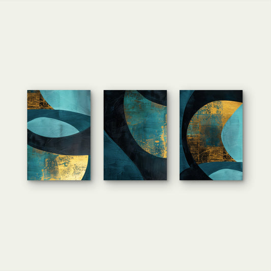 3pcs Teal & Navy Blue Abstract Geometric Waves Wall Art Set Canvas Framed 50x70cm - High Quality Print 100% Australian Made Wall Canvas Ready to Hang