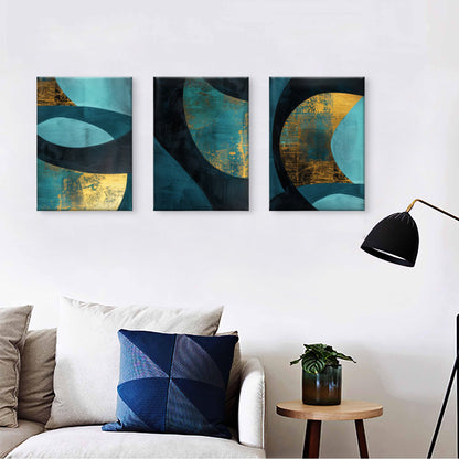 3pcs Teal & Navy Blue Abstract Geometric Waves Wall Art Set Canvas Framed 50x70cm - High Quality Print 100% Australian Made Wall Canvas Ready to Hang