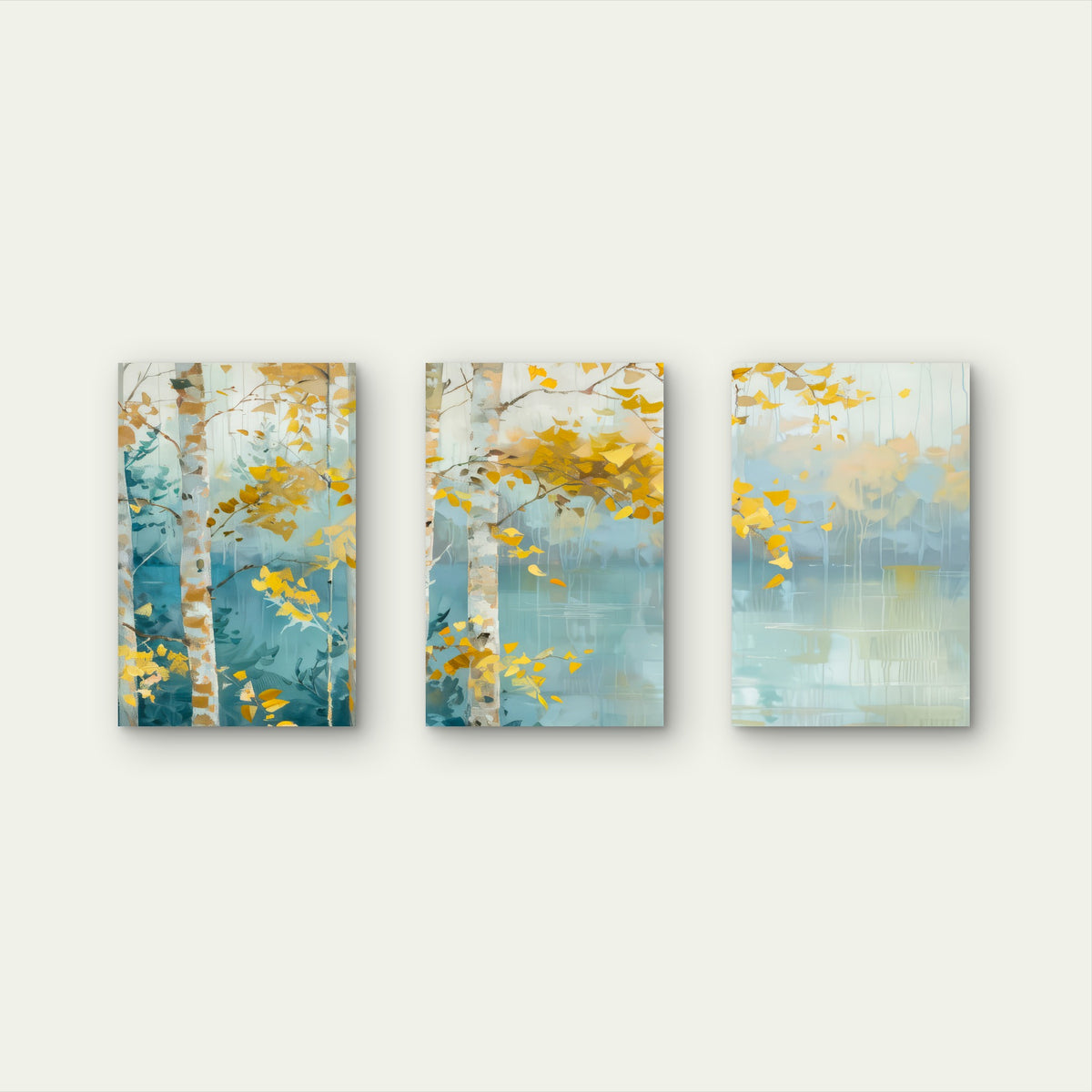 3pcs Abstract Autumn Birch Trees Yellow & Teal Wall Art Set Canvas Framed 60x90cm - High Quality Print 100% Australian Made Wall Canvas Ready to Hang