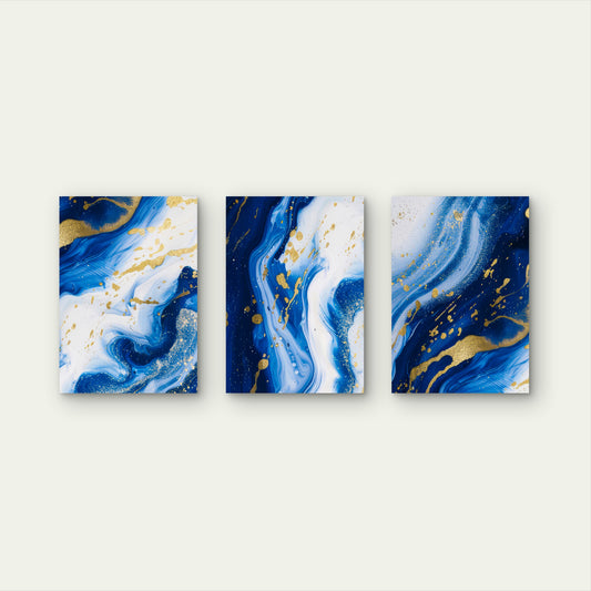 3pcs Abstract Royal Blue Gold Foil Marble Wall Art Set Canvas Framed 60x90cm - High Quality Print 100% Australian Made Wall Canvas Ready to Hang