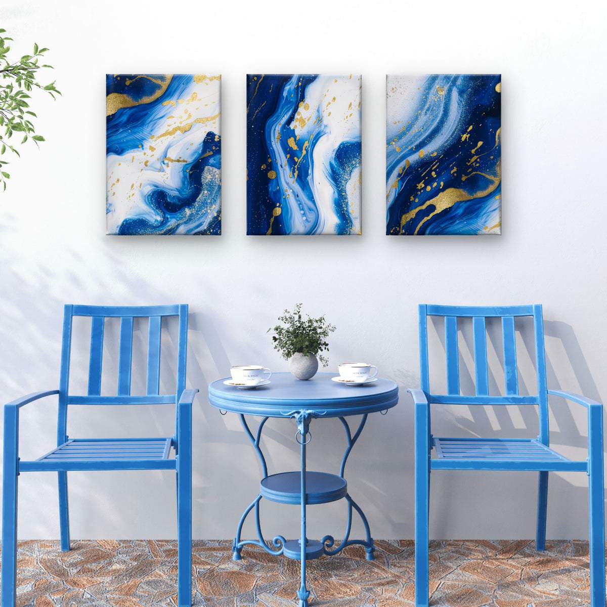 3pcs Abstract Royal Blue Gold Foil Marble Wall Art Set Canvas Framed 60x90cm - High Quality Print 100% Australian Made Wall Canvas Ready to Hang