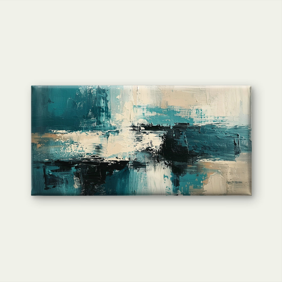 Teal Turquoise Cream and Black Impasto Wall Art Canvas Office Home Framed 120x60cm