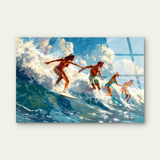 Retro Surfing Friends Ocean Wave Painting Acrylic Glass Printing Wall Art Australian Made Quality
