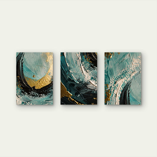 3pcs Abstract Emerald Green Navy Gold Foil Waves Wall Art Set Canvas Framed 50x70cm - High Quality Print 100% Australian Made Wall Canvas Ready to Hang
