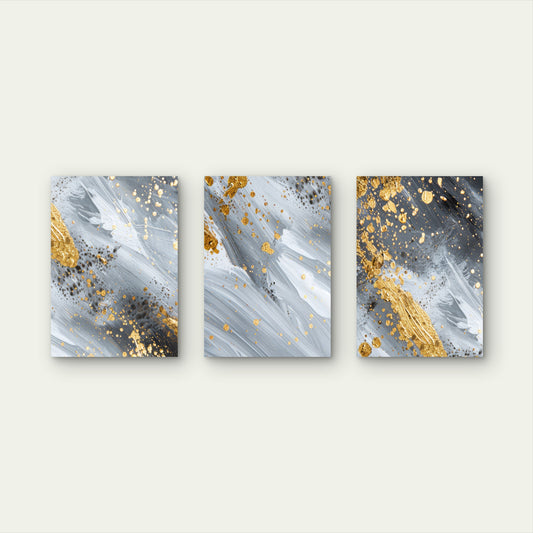 3pcs Grey White Abstract Gold Splatter Waves Wall Art Set Canvas Framed 50x70cm - High Quality Print 100% Australian Made Wall Canvas Ready to Hang
