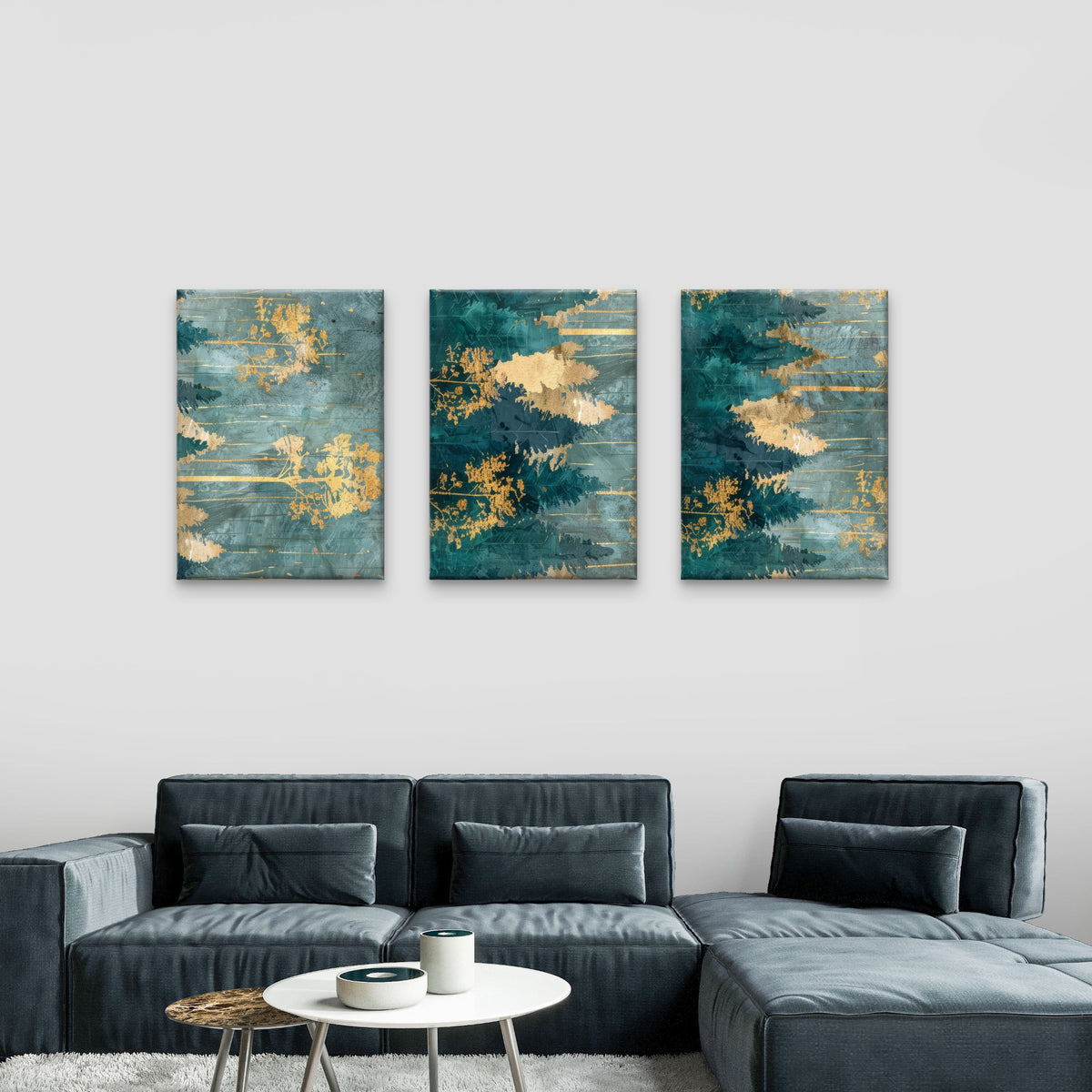 3pcs Abstract Emerald Green Pine Forest Gold Wall Art Set Canvas Framed 50x70cm - High Quality Print 100% Australian Made Wall Canvas Ready to Hang