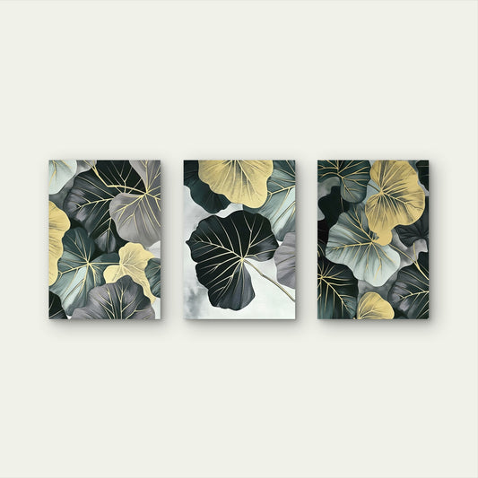 3pcs Abstract Dark Green & Gold Monstera Leaves Wall Art Set Canvas Framed 50x70cm - High Quality Print 100% Australian Made Wall Canvas Ready to Hang