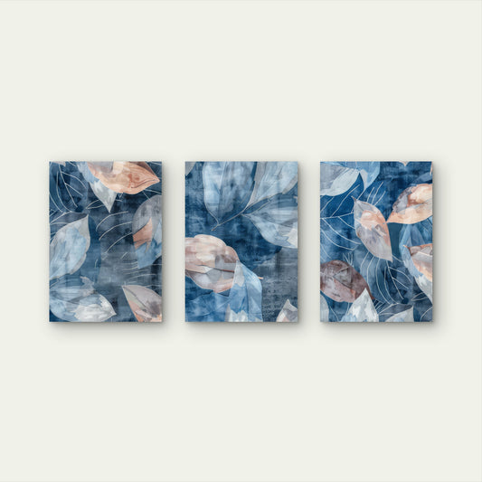 3pcs Abstract Blue Blush Pink Foliage Leaves Wall Art Set Canvas Framed 50x70cm - High Quality Print 100% Australian Made Wall Canvas Ready to Hang