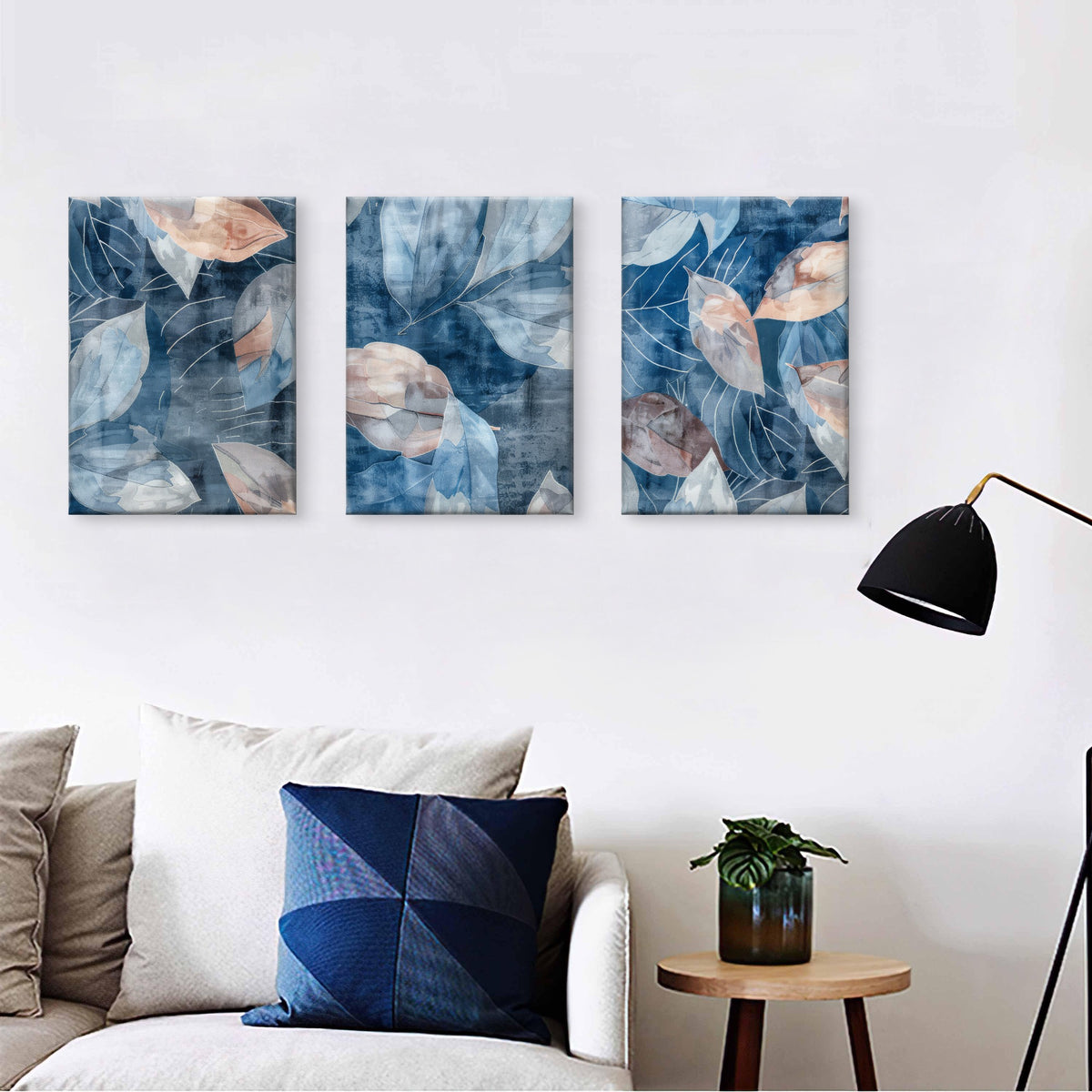 3pcs Abstract Blue Blush Pink Foliage Leaves Wall Art Set Canvas Framed 60x90cm - High Quality Print 100% Australian Made Wall Canvas Ready to Hang