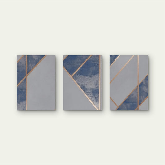 3pcs Abstract Navy Grey Geometric Gold Line Wall Art Set Canvas Framed 50x70cm - High Quality Print 100% Australian Made Wall Canvas Ready to Hang