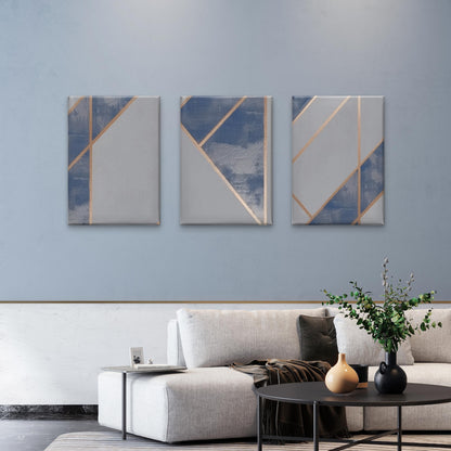 3pcs Abstract Navy Grey Geometric Gold Line Wall Art Set Canvas Framed 60x90cm - High Quality Print 100% Australian Made Wall Canvas Ready to Hang