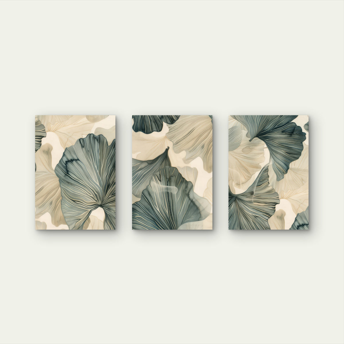 3pcs Abstract Sage Green Beige Ginkgo Leaves Wall Art Set Canvas Framed 50x70cm - High Quality Print 100% Australian Made Wall Canvas Ready to Hang