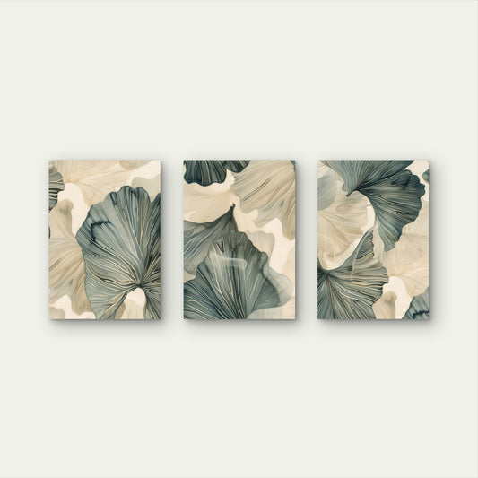 3pcs Abstract Sage Green Beige Ginkgo Leaves Wall Art Set Canvas Framed 50x70cm - High Quality Print 100% Australian Made Wall Canvas Ready to Hang