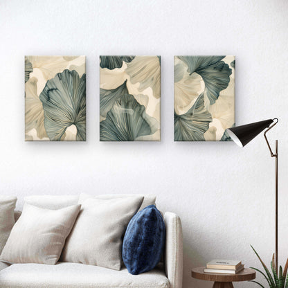 3pcs Abstract Sage Green Beige Ginkgo Leaves Wall Art Set Canvas Framed 60x90cm - High Quality Print 100% Australian Made Wall Canvas Ready to Hang
