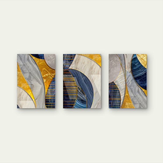 3pcs Luxury Blue Gold Marble Geometric Curves Wall Art Set Canvas Framed 60x90cm - High Quality Print 100% Australian Made Wall Canvas Ready to Hang