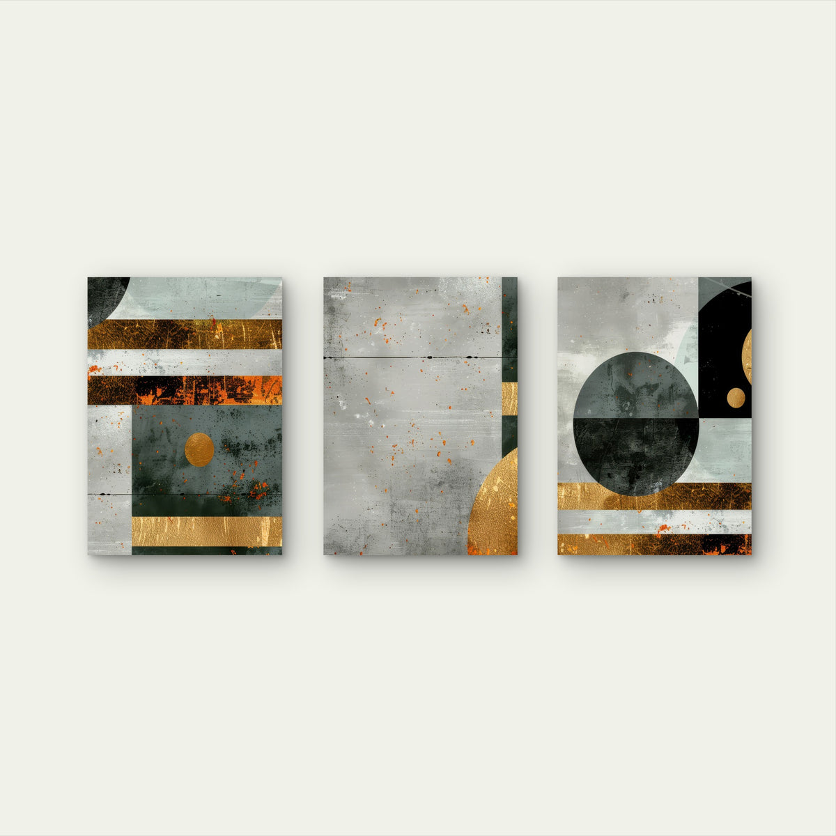 3pcs Modern Geometric Industrial Gray Gold Foil Wall Art Set Canvas Framed 40x60cm - High Quality Print 100% Australian Made Wall Canvas Ready to Hang