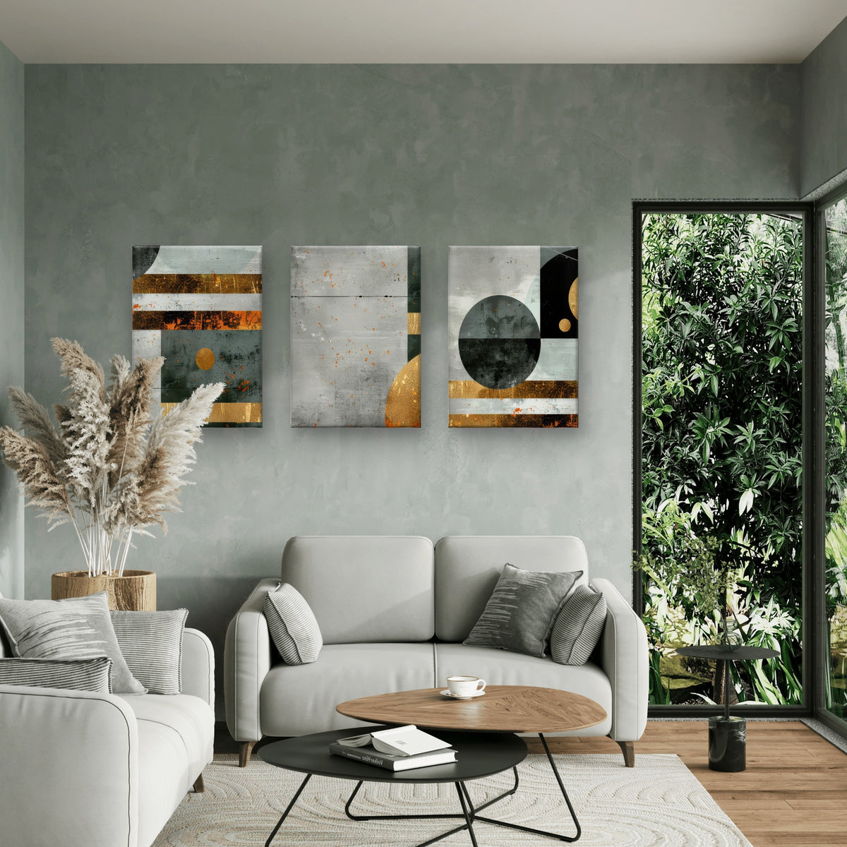 3pcs Modern Geometric Industrial Gray Gold Foil Wall Art Set Canvas Framed 60x90cm - High Quality Print 100% Australian Made Wall Canvas Ready to Hang