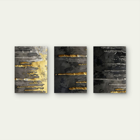 3pcs Abstract Embossed Metal Texture Black Gold Wall Art Set Canvas Framed 60x90cm - High Quality Print 100% Australian Made Wall Canvas Ready to Hang