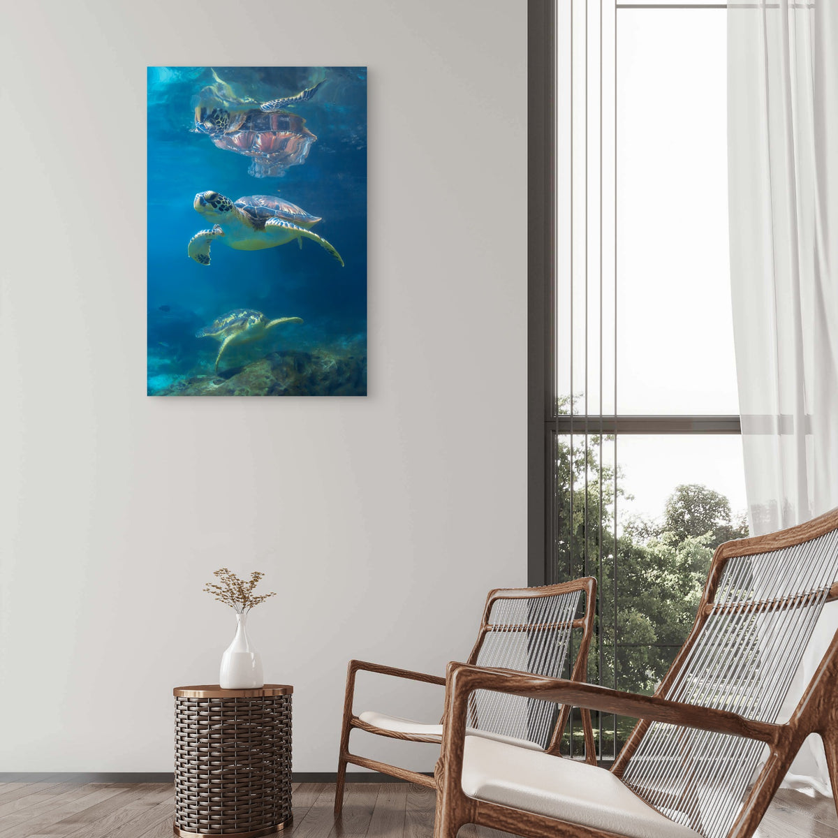 Majestic Deep Ocean Swimming Sea Turtles Art 40x60cm Metal Print Ready to Hang