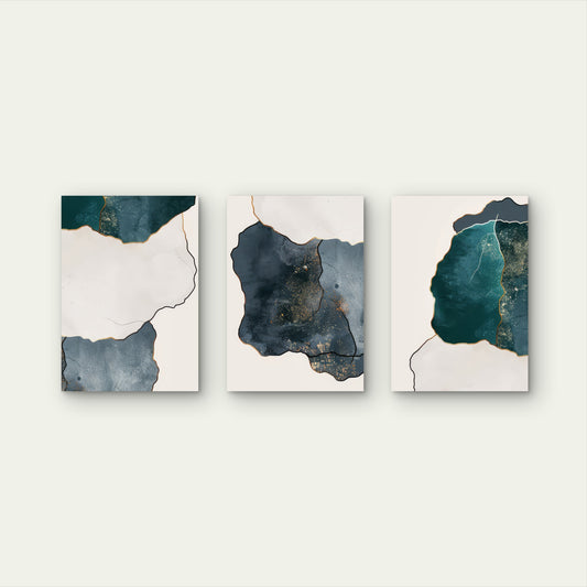 3pcs Teal Emerald Blue Abstract Agate Wall Art Set Canvas Framed 50x70cm - High Quality Print 100% Australian Made Wall Canvas Ready to Hang