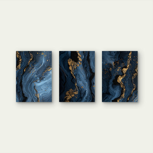 3pcs Deep Navy Blue Metal Gold Glitter Geode Wall Art Set Canvas Framed 60x90cm - High Quality Print 100% Australian Made Wall Canvas Ready to Hang