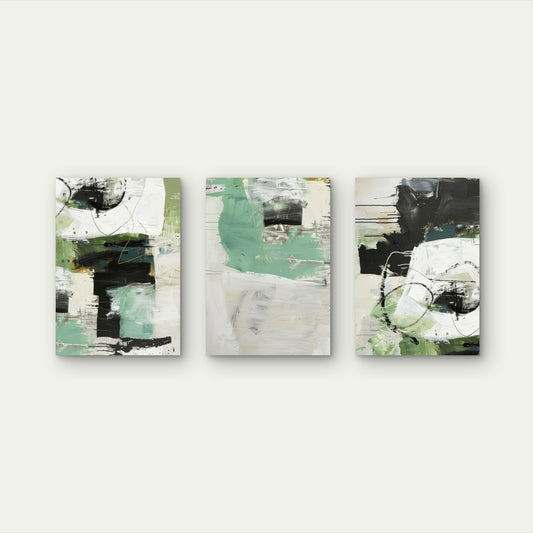 3pcs Rustic Sage Green Emerald Abstract Paint Wall Art Set Canvas Framed 50x70cm - High Quality Print 100% Australian Made Wall Canvas Ready to Hang