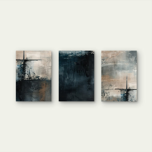 3pcs Abstract Dark Navy Blue Brown Grunge Art Wall Art Set Canvas Framed 60x90cm - High Quality Print 100% Australian Made Wall Canvas Ready to Hang