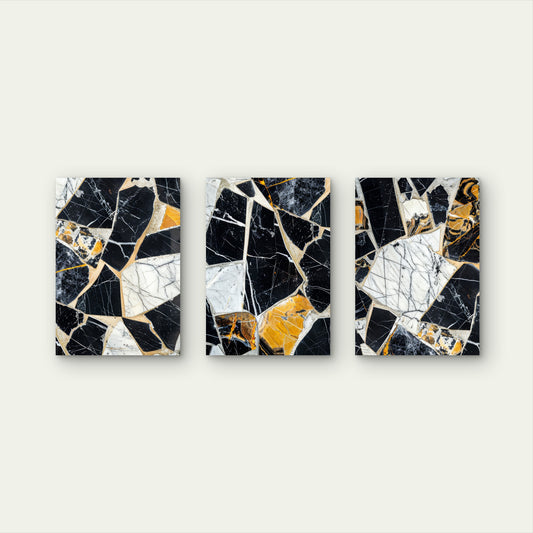 3pcs Abstract Black White Yellow Marble Stone Wall Art Set Canvas Framed 50x70cm - High Quality Print 100% Australian Made Wall Canvas Ready to Hang