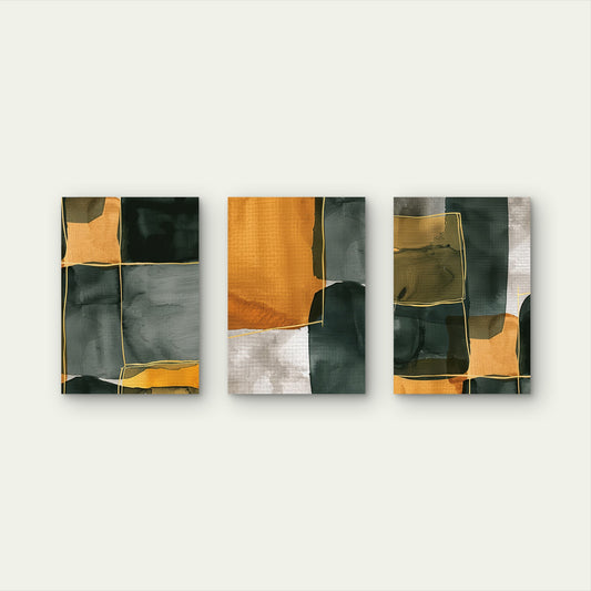 3pcs Mustard Yellow Dark Green Gold Abstract Wall Art Set Canvas Framed 40x60cm - High Quality Print 100% Australian Made Wall Canvas Ready to Hang