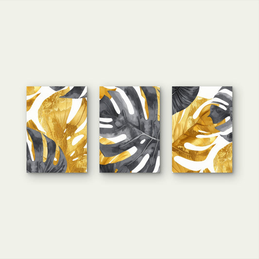 3pcs Monstera Palm Leaf Gold Grey Watercolor Wall Art Set Canvas Framed 60x90cm - High Quality Print 100% Australian Made Wall Canvas Ready to Hang