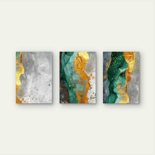 3pcs Emerald Green Grey Gold Alcohol Ink Wall Art Set Canvas Framed 50x70cm - High Quality Print 100% Australian Made Wall Canvas Ready to Hang