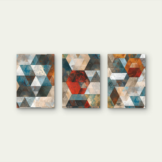 3pcs Geometric Triangle Cube Mosaic Teal Metal Print Ready to Hang Art