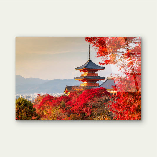 Kyoto Autumn Red Maple Leaf Pagoda View Acrylic Glass Printing Wall Art Australian Made Quality