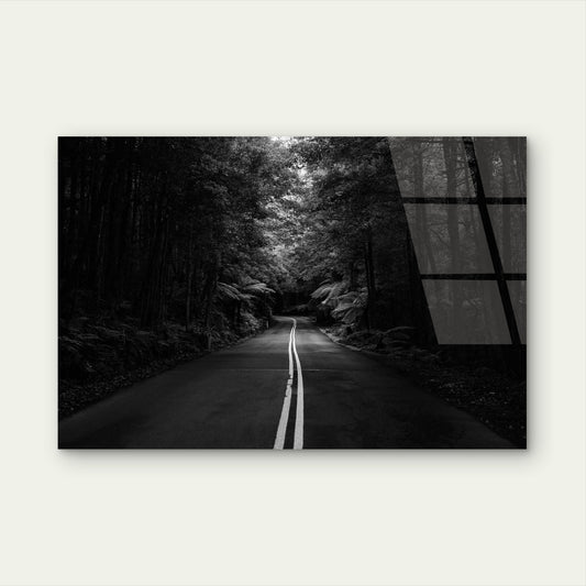 Monochrome Dark Forest Highway Scenery Acrylic Glass Printing Wall Art Australian Made Quality