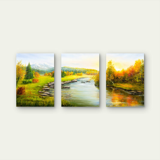 3pcs Autumn Mountain River Woods Home Artwork Wall Art Set Canvas Framed 50x70cm - High Quality Print 100% Australian Made Wall Canvas Ready to Hang