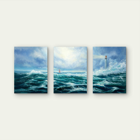 3pcs Stormy Sea Lighthouse Sailboat Ocean Wall Art Set Canvas Framed 60x90cm - High Quality Print 100% Australian Made Wall Canvas Ready to Hang