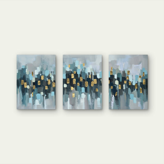 3pcs Teal Gold Gray Abstract Brush Stroke Metal Print Ready to Hang Art